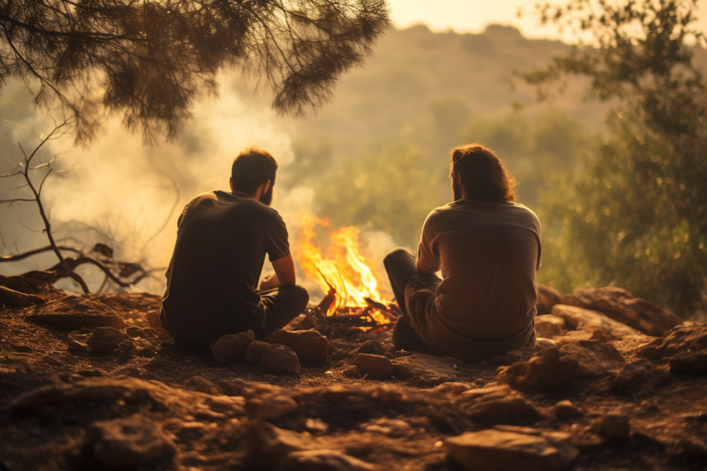 two man talking about a therapy in the forest